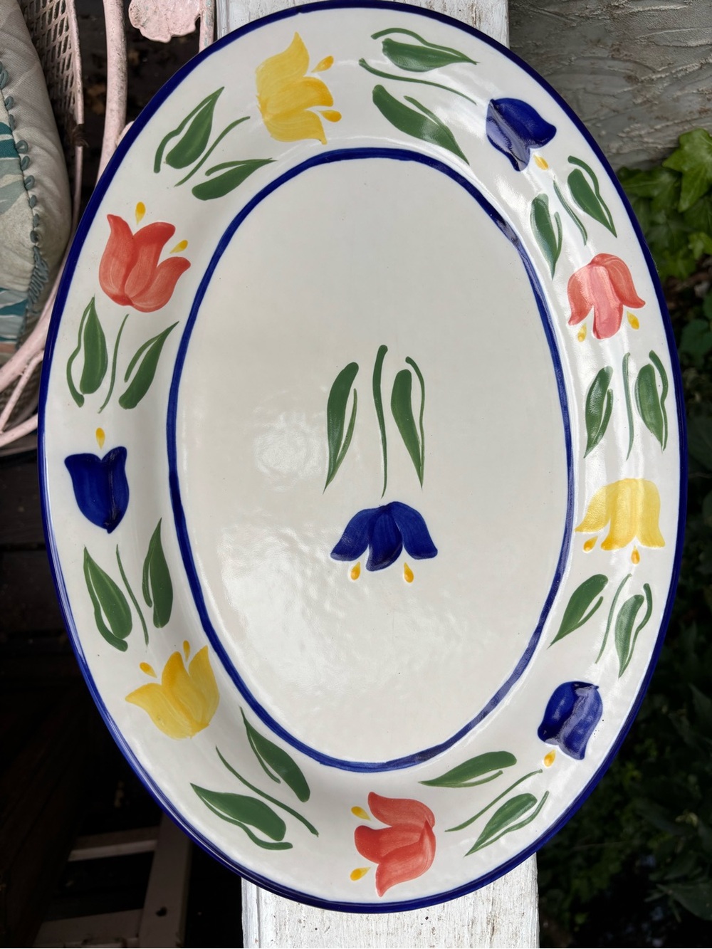 Dansk Oval Serving Platter with Blue Trim and Multicolor Tulips